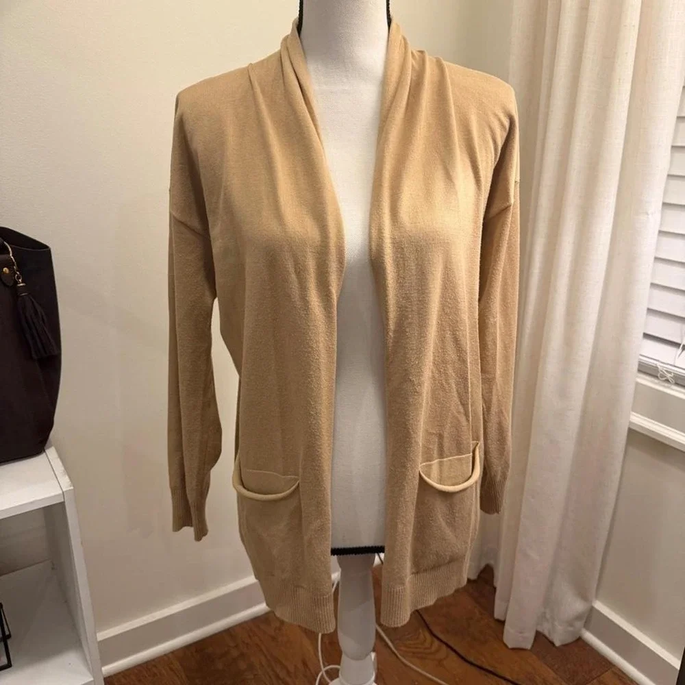 Cyrus Womens Tan Camel Open Front Shawl Collar Cardigan Sweater Size Small